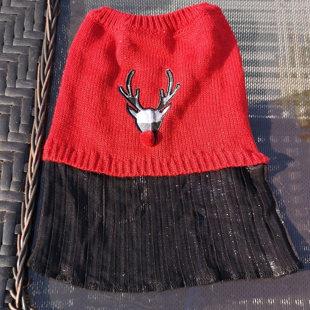 Christmas Winter Dog Sparkly Dress Buffalo Plaid Deer with Pom Pom Top Paw